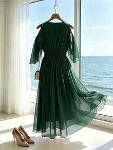 Franclia Vestido largo elegante de unicolor con volantes para mujer talla grande para primavera y verano - Verde Oscuro - Ver 2