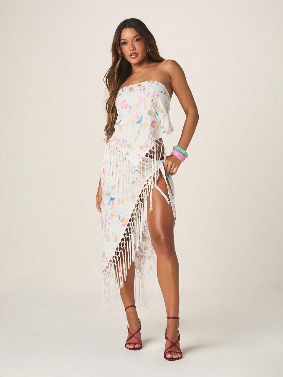 MISSGUIDED Women's Embroidered Floral Fringe Trim Side Tie Wrap Around Maxi Skirt Beach Cover Up Summer Vacation Resort Wear