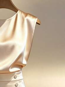 Vestido ajustado sin mangas de satén color champán con cintura definida y efecto adelgazante - Champán - Ver 3