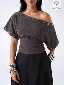 LYSMO Kaos Wanita Musim Panas Warna Polos dengan Kerah Asimetris, Atasan Musim Panas - Coffee Brown - View 3