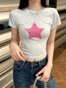 Tideelle Minimalist Graphic Y2k Cute Sexy Hot Girl Round Neck Short Sleeve Casual T-Shirt With Random Rhinestone Embellishments Grey And Pink Summer Date - Light Grey - View 5