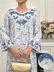 Al Najma Loose Fit White & Blue Butterfly Print Embellished Long Dress, Spring/Summer - Multicolor - View 9