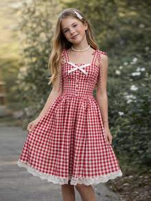 SHEIN Vestido de media manga sin mangas con estampado floral pequeño para niña preadolescente, color rosa fresco - Rojo - Ver 8