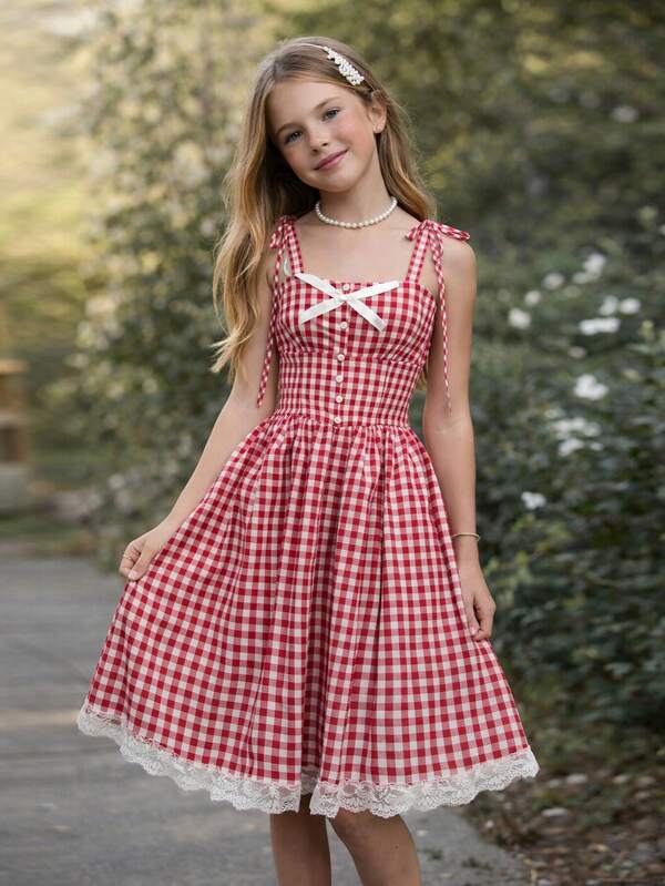 SHEIN Vestido de media manga sin mangas con estampado floral pequeño para niña preadolescente, color rosa fresco