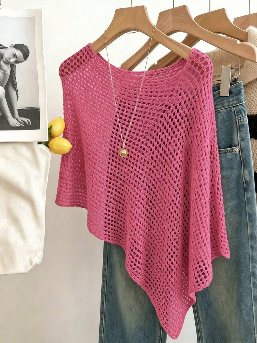 SHEIN Franclia Women's Solid Color Round Neck Hollow Design Asymmetric Hem Sweater Vacation Hot Pink Summer Casual - Hot Pink - View 1