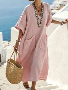 Selamara Vestido casual minimalista de unicolor con cuello en V y manga media para mujer - Rosa Pálido - View 3