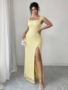 SHEIN Clasi Plus Size Women's Square Neck Yellow Lace Sleeveless Waist Cinched High Slit Bodycon Dress, Elegant Sexy Wedding Wear Mother Of The Bride Summer - Yellow - View 6