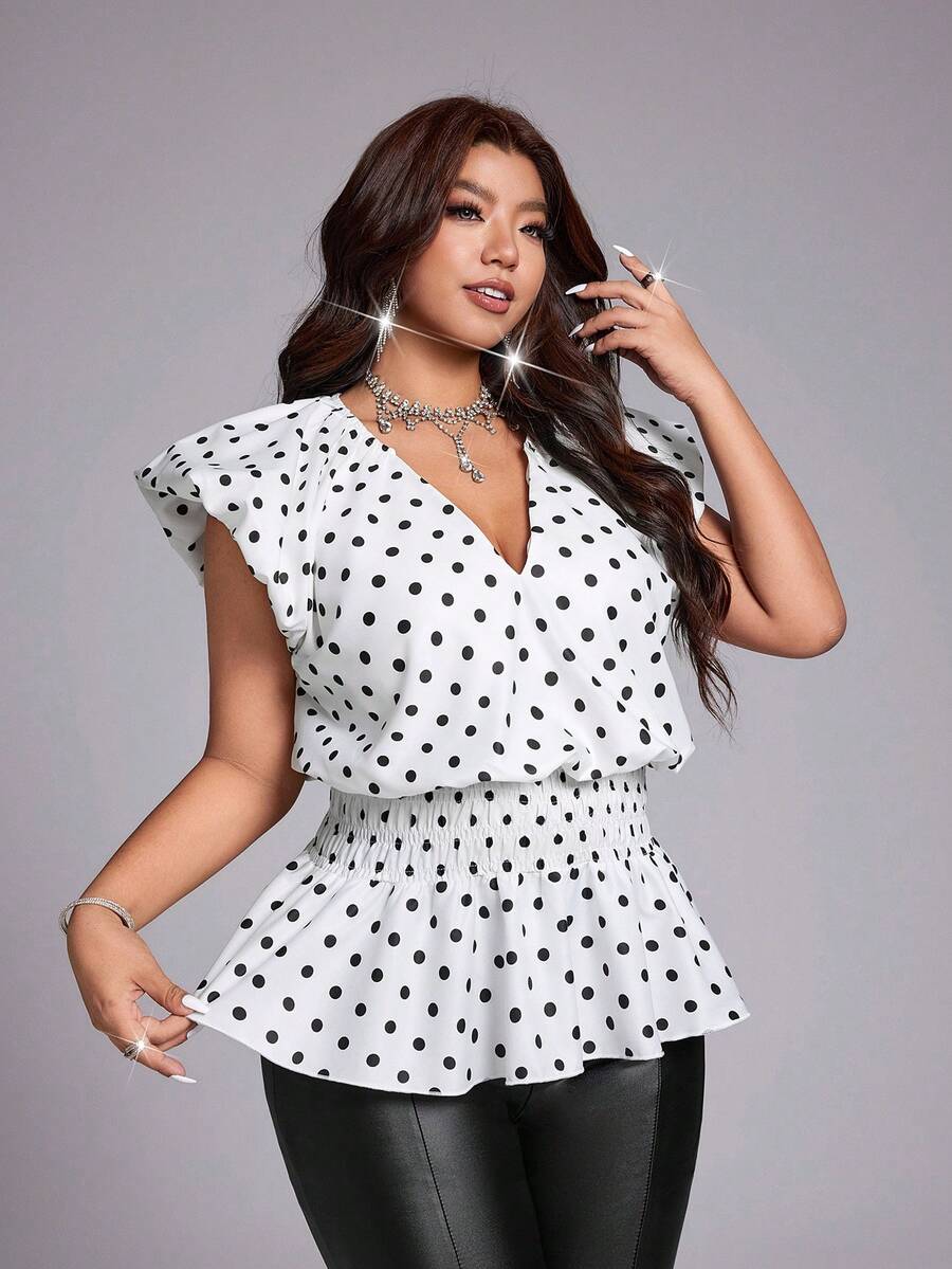 Viva Relle Plus Size Women's V-Neck Polka Dot Print Short Sleeve Ruffle Hem Blouse Date Night Summer Elegant - Multicolor - View 1