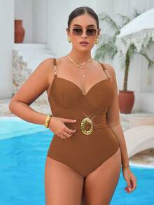 Swim Vcay 大尺碼女款素色一件式鋼圈休閒泳衣 - 咖啡棕 - 查看 3
