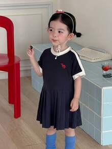 DAZY 女嬰圓領條紋休閒寬鬆拼色條紋洋裝 夏季幼童 - 藍色 - 查看 4