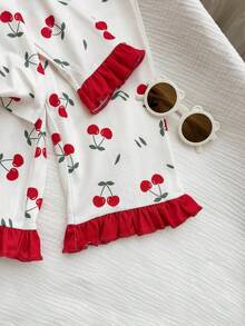 Dozemod Baby Girl Sweet Simple Fruit Pattern Turn-Down Collar Button-Up Ruffle Decor Long Sleeve Long Pants Comfortable Skin-Friendly Knit Pajama Set 2pcs - Red and White - View 4