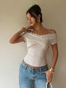 Siren Gaze Women's Off-Shoulder Lace Trim Fitted T-Shirt Suitable For Daily Wear - Apricot - View 5