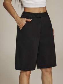 SHEIN PETITE Modichic Casual Solid Slant Pocket Bermuda Shorts - Black - View 4