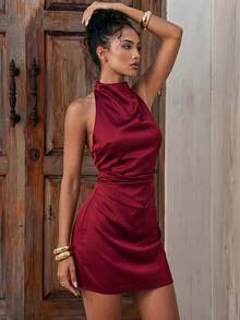 Aloruh Elegantes, sexy Minikleid Einfarbig für Urlaub, Party, Freizeit, Burgunderrot, Satin-Kurzkleid, weinrotes rückenfreies Kleid, Frühlingsoutfit für Damen, Sommerurlaubsoutfit, Valentinstagskleid, Karnevalskostüm für Damen, Strandkleid, elegante Partykleider, Hochzeitsgastkleid für Damen, Geburtstagskleid, Urlaubsoutfit für Damen, Freizeitkleid, Valentinstag - Bordeaux - Übersicht 3