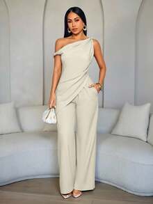 SOLERSUN Women's Asymmetrical Neck Draped Top And High Waisted Wide Leg Pants Matching Set,Old Money Style Elegant Dinner Party Khaki Summer - Apricot - View 2