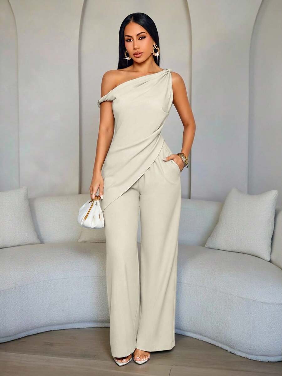 SOLERSUN Women's Asymmetrical Neck Draped Top And High Waisted Wide Leg Pants Matching Set,Old Money Style Elegant Dinner Party Khaki Summer
