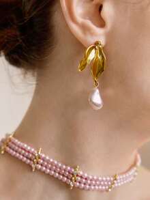 Opalesca 1 đôi bông tai mặt lá ngọc trai đính kim cương, chất liệu kim loại vân ngọc trai/xà cừ mạ vàng 18K, phong cách cao cấp/sang trọng/thanh lịch/tối giản, ngọc trai/pha lê, đeo hàng ngày, cho mẹ/phụ nữ/con gái, đính hôn/cưới/hứa hẹn, mùa hè/biển/dạ hội/tiệc/lễ hội/du lịch, Fairycore/Mermaid Core - Màu Hồng baby - Xem 2