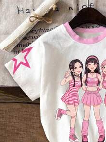 少女圓領卡通印花短袖T恤與短褲休閒日常套裝 - 彩色 - 查看 3