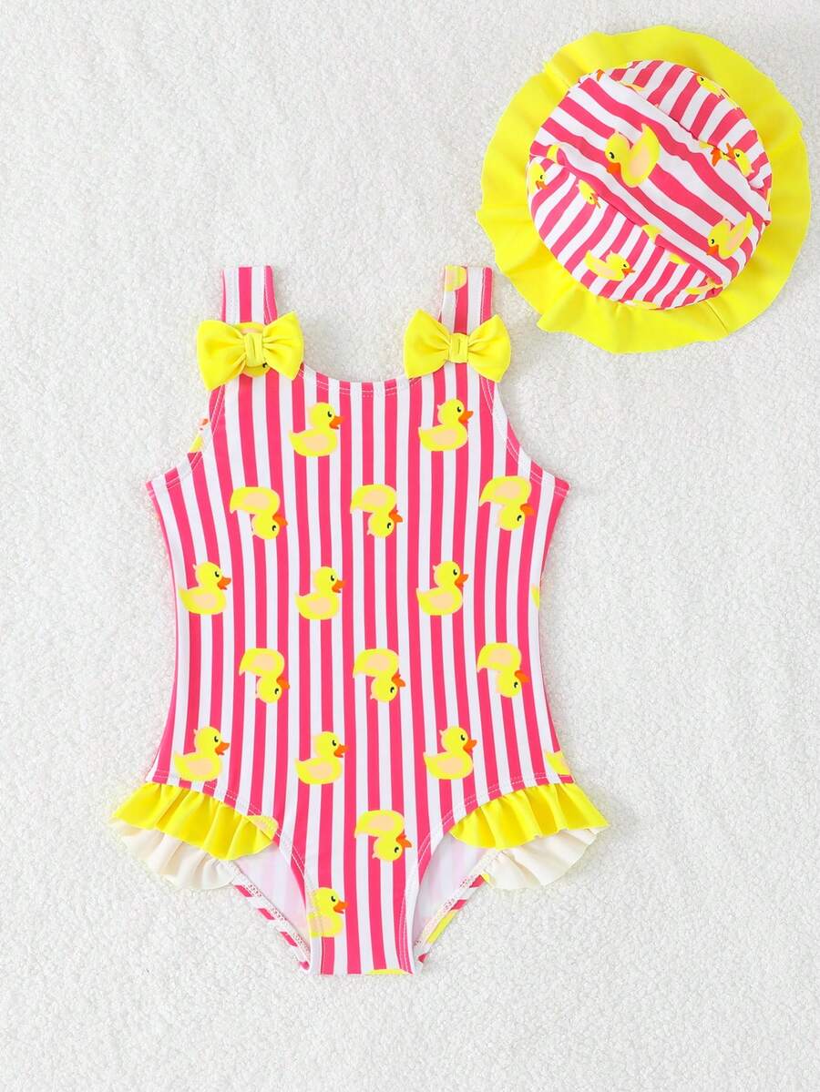 SHEIN Bañador de una pieza para niña bebé con estampado de dibujos animados a rayas, lazo y volantes - Amarillo - Ver 1