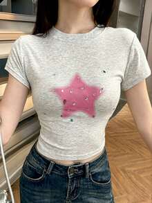Tideelle Minimalist Graphic Y2k Cute Sexy Hot Girl Round Neck Short Sleeve Casual T-Shirt With Random Rhinestone Embellishments Grey And Pink Summer Date - Light Grey - View 6
