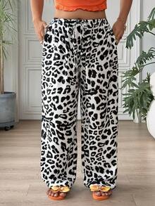 SHEIN EZwear Plus Size Women Casual Leopard Print Drawstring Waist Loose Wide Leg Pants, Suitable For Vacation, Street Fashion, Daily Commute - Multicolor - View 5