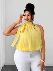 Maweii Plus Size Women Solid Color Pleated Casual Elegant Fashion Halter Neck Blouse Date Night Light Yellow Summer - Yellow - View 6