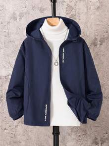 SHEIN 兒童青少年男孩休閒日常百搭舒適字母印花連帽寬鬆長袖輕便梭織秋冬夾克 - 藏蓝色 - 查看 3
