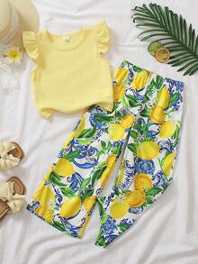 SHEIN Elladie kids 2件裝少女暖色系度假夏季海灘玩樂黃色紋理荷葉袖背心上衣與檸檬藍白瓷印花鬆緊腰寬腿褲套裝，適合度假、旅行、海灘、週末野餐、開學、春夏季 - 黃色 - 查看 3