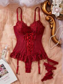 SHEIN Conjunto sexy de 3 piezas con mono de encaje y malla con cordones y volantes, con medias de red - Burdeos - Ver 5