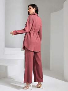 Graceveil Conjunto de 2 piezas con camisa de bolsillo con solapa y cintura con cordón & pantalones de pierna ancha, estilo modesto - Rosa Oxidada - Ver 2