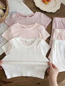 SHEIN 6pcs/Baby Girl's Summer Short-Sleeved Solid Color Knitted Ribbed Top And Shorts Set With Cute And Fun ,Comfortable Clothing Suitable For Outdoor Activities. - Multicolor - View 5