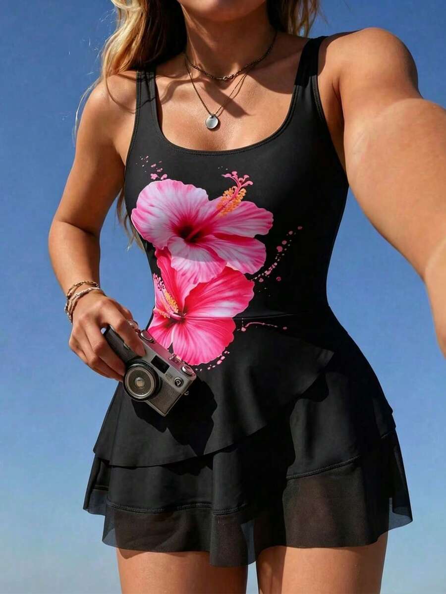 Swim Lushoire 2件組女款花卉印花比基尼泳衣,歐美風格 - 黑色 - 查看 1