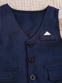 SHEIN Baby Boy Gentleman Suit Set,Navyblue,None,Back-To-School 4pc White Shirt,Bow Tie,Vest,Suspender ShortsHat For Birthday,Wedding,Baptism,Formal Outfit - Royal Blue - View 5