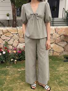 DAZY 夏季海灘度假風蝴蝶結裝飾條紋燈籠袖收腰女款睡衣套裝 - 灰色 - 查看 4