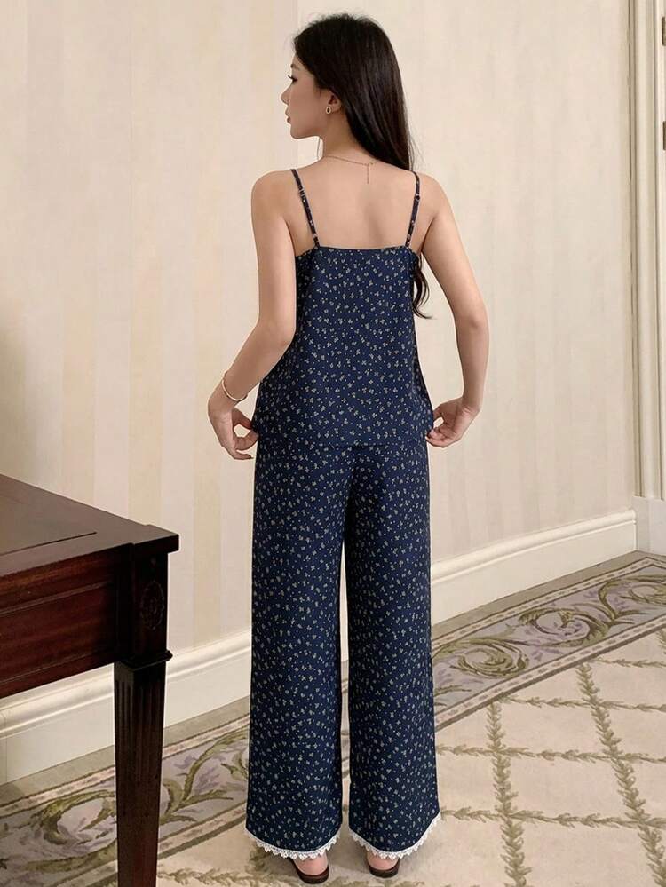 2pcs/Set Women's Sweet Floral Lace Patchwork Sleeveless Camisole & Loose Straight Long Pajama Pants Summer Sleepwear Set