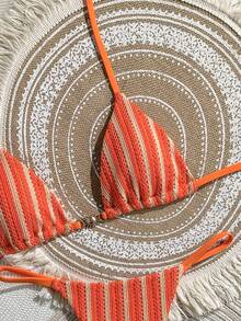 Swim Mod Women's Spring/Summer New Special Fabric Metal Decor V-Neck Halter Backless Triangle Top & Bikini Bottom Two Pieces Swimwear - Orange - View 5
