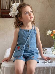 SHEIN Genkimix Kids 少女牛仔套裝，新款時尚個性化甜美可愛彩色花卉刺繡，水洗藍牛仔寬鬆女款甜美風格休閒度假牛仔套裝 - 藍色 - 查看 1