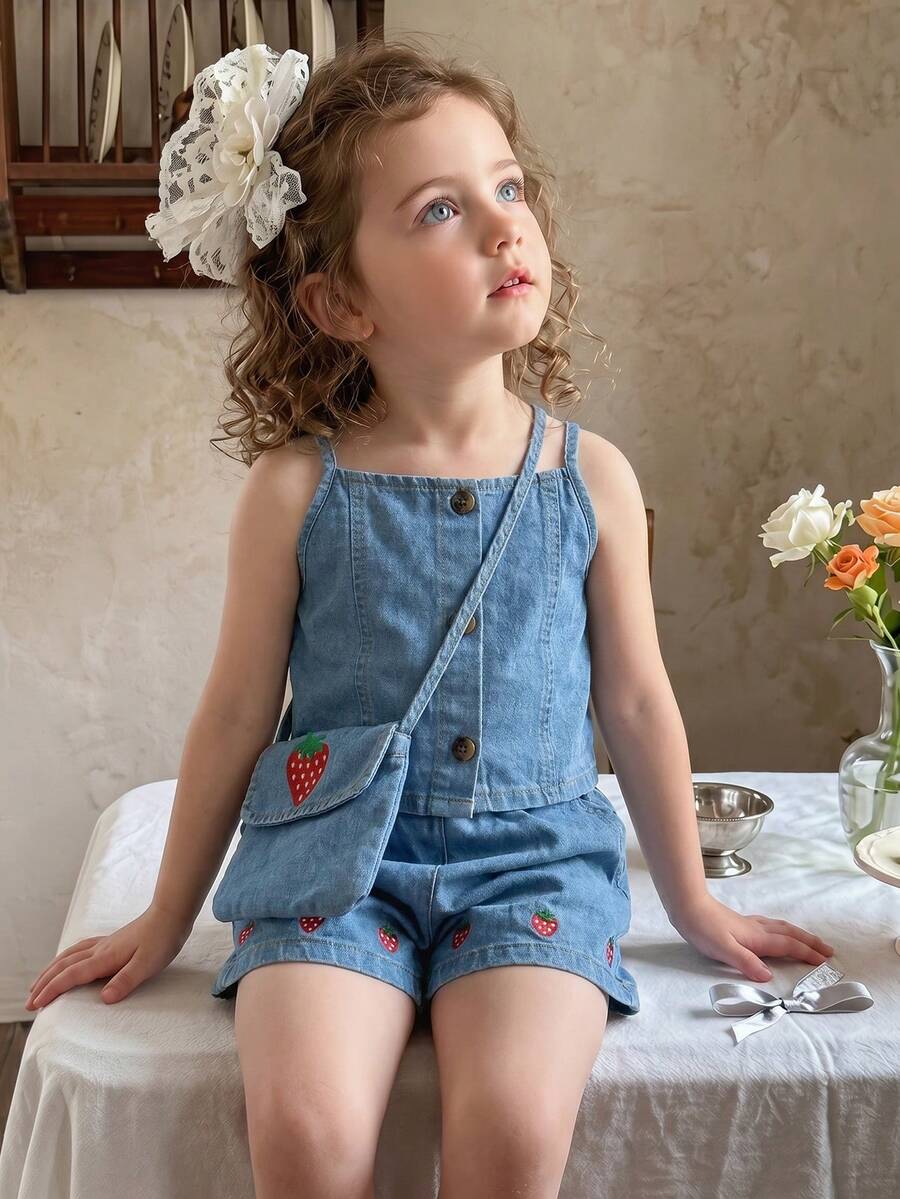 SHEIN Genkimix Kids 少女牛仔套裝,新款時尚個性化甜美可愛彩色花卉刺繡,水洗藍牛仔寬鬆女款甜美風格休閒度假牛仔套裝 - 藍色 - 查看 1