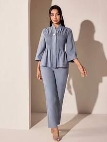 Veilorie Women's Starfish Decor Pleated Long Sleeve Shirt And Casual Pants Arabic Style Set - Blue - View 7