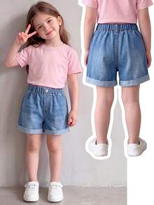 Genkimix Kids Shorts vaqueros casuales para niñas, lavado medio azul, estilo minimalista básico, detalles de pierna desgastados, ajuste recto relajado, dobladillo enrollado, denim de algodón suave, sin estiramiento, adecuado para uso diario, hogar, exterior, fiesta, nueva llegada - Azul - Ver 2