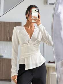Aloruh Elegante maglietta casual da donna con scollo a V, maniche lunghe, stile minimalista, top versatile per tutti i giorni - Albicocca - Visualizzare 10