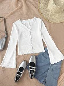 SHEIN Ragazza pre-adolescente casual quotidiano maglia con colletto arricciato bianco aderente apertura frontale maniche lunghe a campana - Bianco - Visualizzare 6