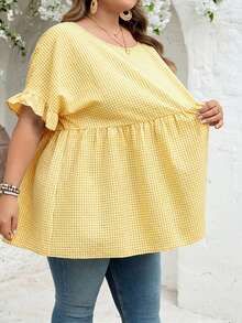 SHEIN CURVE+ Curve 加大码 US22 音乐节、海滨度假、波西米亚风 CURVE PLUS / / 女士格纹印花衬衫，适合春夏波西米亚风度假，休闲娃娃风衬衫 - 黃色 - 查看 4