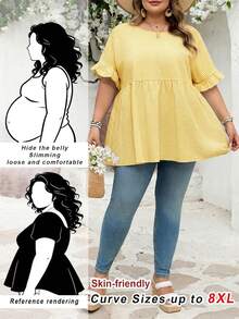 SHEIN CURVE+ Curve 加大码 US22 音乐节、海滨度假、波西米亚风 CURVE PLUS / / 女士格纹印花衬衫，适合春夏波西米亚风度假，休闲娃娃风衬衫 - 黃色 - 查看 10