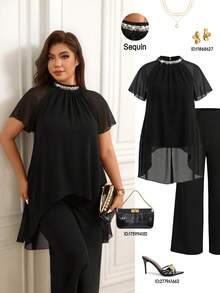 Femmeverse Women's Plus Size Pleated Halter Neck Sequin Patchwork New Raglan Sleeve Two Pieces Set High Waist Loose Wide Leg Pants Long Pants Set - Black - View 7