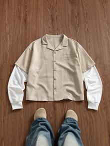 SWAVVY 男士刺繡單排扣拼接袖時尚襯衫 - 棕色 - 查看 2