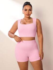 SHEIN Rhythm Era Women's Plus Size Sports Set Pink Seamless Ribbed U-Neck Yoga Fitness Tank Top And High-Waisted 3/4 Length Leggings 2pcs - Pink - View 3
