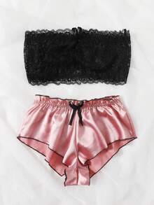SHEIN Sujetador bandeau de encaje floral con shorts de satén, lencería - Multicolor - Ver 4