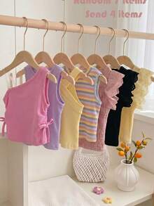 4pcs Young Girl Solid Color Heart Pattern Knit Vest Set - Multicolor - View 2