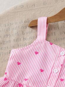 SHEIN Elladie kids 春夏女童/幼女2件套套裝，粉色與白色條紋愛心印花吊帶上衣 + 寬腿長褲，方領吊帶設計適合夏季，胸前鈕扣裝飾增添細節，荷葉邊下擺剪裁營造俏皮活潑感；亮粉色與白色條紋搭配愛心印花，充滿活力與甜美，整體清新活潑風格，適合日常出遊、遊樂園、派對、親子活動等 - 粉色 - 查看 5